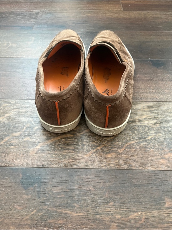 Santoni Brown Suede Slip-On Loafers with White Outsole